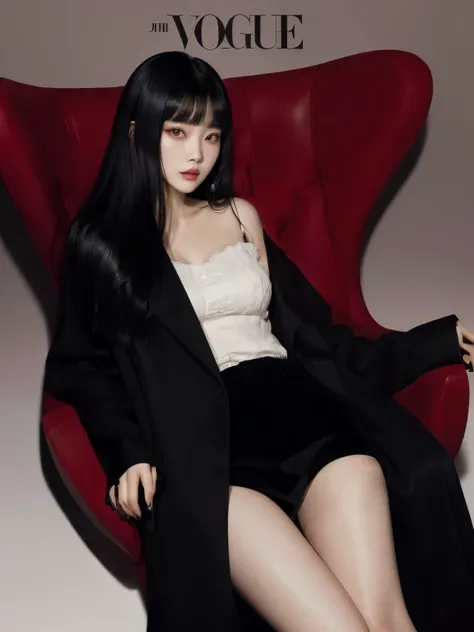 araffed woman sitting in a red chair with a black coat, she has black hair with bangs, iu lee ji-eun as a super villain, fan bingbing, portrait of jossi of blackpink, park ji-min, gongbi, sha xi, sui ishida with black hair, lu ji, lulu chen, blackpink jenn...