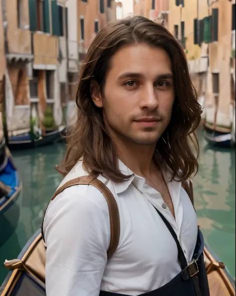 (((handsome 35 year old desirable caucasian man with distinguished features, standing in a gondola, Venice))), (light brown medium length hair, cropped sides, clean shaved face, intriguing green eyes), (dressed as gondolier), athletic build, seductive smil...