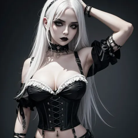 goth girl, white hair, heavy goth makeup, portrait, dark, cropped corset top, choker, armpit, navel, deep navel,