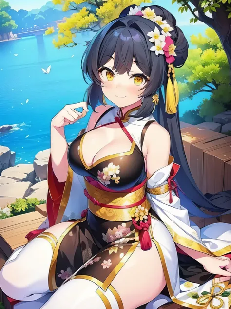 ((The best image quality、the best、1 girl、Drawing in detail))、
Black Hair、Long Hair、
Yellow Eyes、Active facial expression、Large Breasts、smile、Laugh with your mouth open、blush、Embarrassing、

Hanfu-song, Hanfu,, Chinese clothing, Colorful Dresses, Cleavage、La...