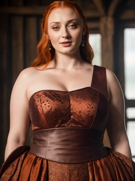 Face of Sophie Turner, Sansa Stark played by Sophie Turner, the de facto Lady of the Eyrie, is a 40-year-old mature queen with a stunning, alluring appearance. Full Face, Full figured woman, pierced eyes, reddish lips, upper body shot, erotic Mediaeval cos...