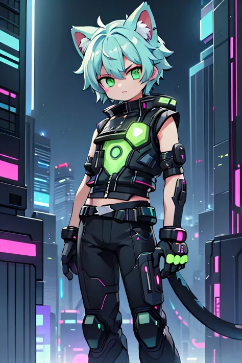 cyberpunk cat:

Description: A gray cat with green cybernetic eyes and a neon blue mohawk. He is wearing a black vest with glowing circuitry and has a bionic tail..
picture details: futuristic city in the background, with skyscrapers illuminated by neon li...