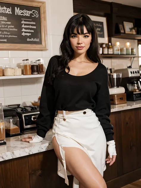 30 years old bettie page, makeup, olive skin, curly black hair (middle lenght), posing in with class in coffee shop ,daylight seductive smile, longest ever white leather trench , white wool sweater, high white boots, maxy wool skirt, white cloth gloves, 