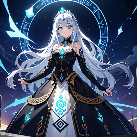 high resolution, 4k ultra sharp, standing 1 female, ((Glowing Rune Tattoos)), silver hair, tiara, princess dress gown, circlet
