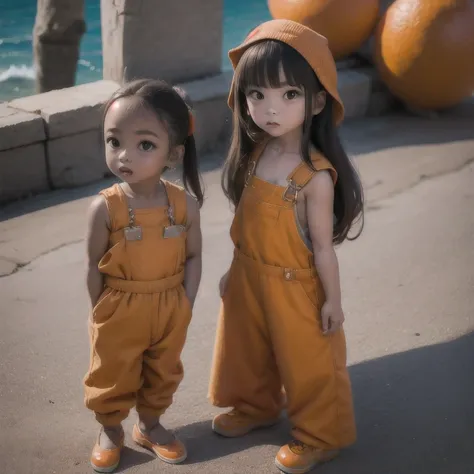 arafed girl standing on a beach with an orange overall, orange jumpsuit, overalls, wearing an orange jumpsuit, official product ...