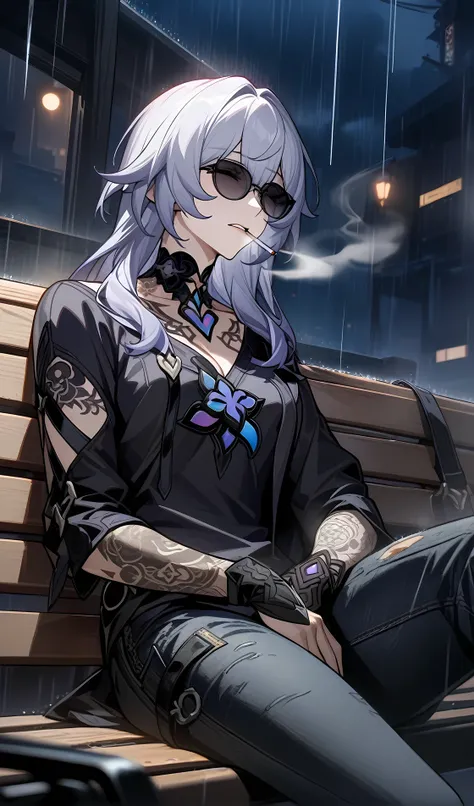 black swan from honkai star rail,tattoo on the neck and arm,wear black modern T-Short and black modern jeans,sunglasses,Sitting on a bench,smokes a cigarette,cigarette smoke, sad face, depress, night ,rain, (best quality), ultra high res, professional artw...