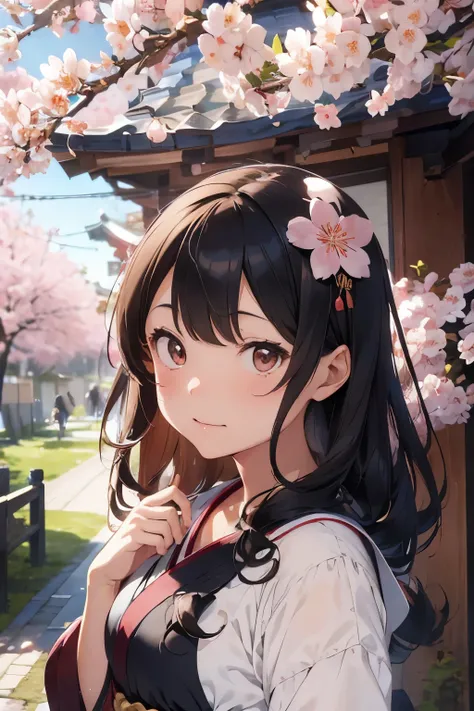 Title: A Whimsical Encounter in Cherry Blossom Alley

(Masuter piece, Best Quality, Ultra-detailed), (A detailed face), 1 girl in,Long brown hair with cherry blossom petals softly adorning, Traditional Japanese , Tranquil expression, Charming cherry blosso...