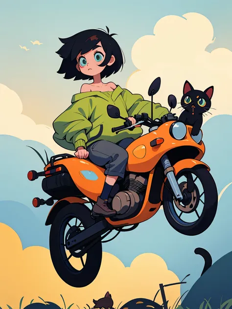 Woman with short black bob hair、Baggy clothes、No innerwear, off-shoulder、Long skirt、Riding a motorcycle with a black cat