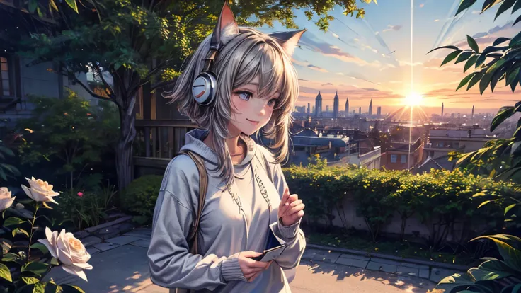 ((masterpiece)),(((bestquality))),((ultra-detailed)) realisticlying, 1 girl, Beautiful, a cat, Standing, wearing a sweater, Beautiful sunrice, solo, The sky at morning, Face smile, looking away, white rose, garden city,  happy. using headphones,