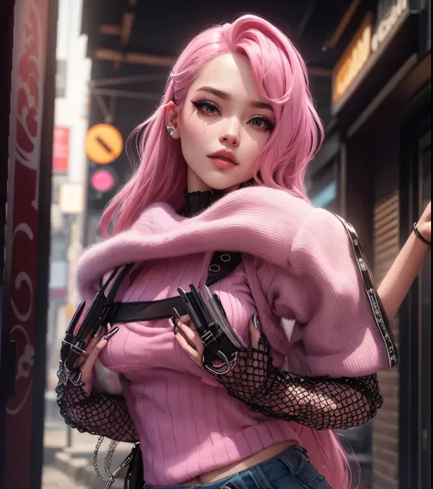 AVATAR SECOND LIFE Korean girl black top and pants , asiática pink  hair, pink  hair, pink  hair, Perfect and detailed face, imvu, maximalist details, AVATAR SECOND LIFE Korean blouse and pants , neon, pink  hair 