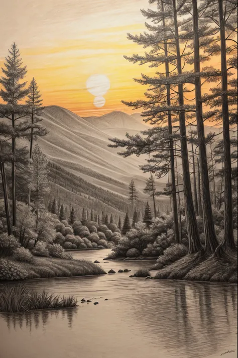 Pencil drawing of a landscape of the forest and the sunset