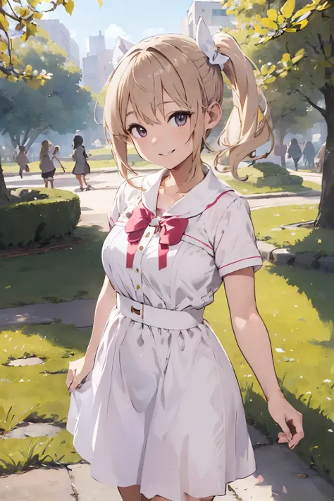 Blond girl named Mai In the park with a Pink bow, with a smile on her face, In a white dress with a pink cote, Hight quality,