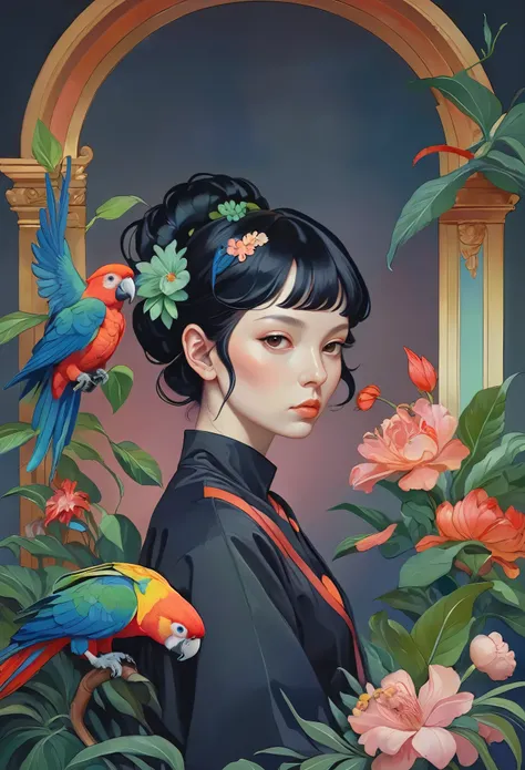 A painting of a black-haired brunette woman with flowers and leaves on her head and a parrot on her shoulder by James Jean