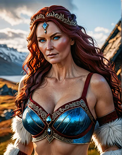 Full body Portrait of the Great Nordic Queen, a very gorgeous woman, 50 years old, thick healthy body, erotic warrior costumes, dark red styled fluffy hair, natural Blue eyes, a nose with a bump, an elongated chin, dressed in ancient national,
8k resolutio...