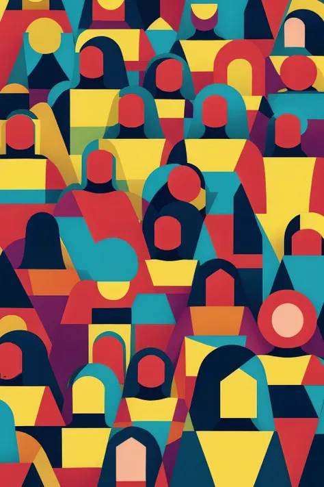 illustration, people in colorful geometric shapes, crowd