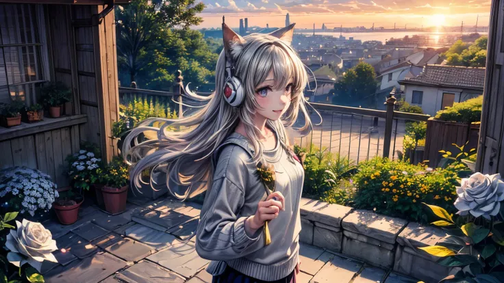 ((masterpiece)),(((bestquality))),((ultra-detailed)) realisticlying, 1 girl, Beautiful, a cat, Standing, wearing a sweater, Beautiful sunrice, solo, The sky at morning, Face smile, looking away, white rose, garden city,  happy. using headphones,