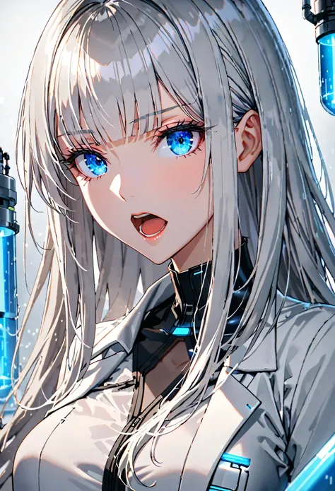 female, silver hair, long hair, straight bangs, large breasts, white lab coat, blue eyes, cryogenic lab, blouse, black jeans, warm, futuristic, open mouth, extremely tall, close up