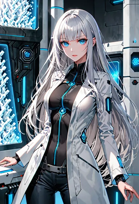 female, silver hair, long hair, straight bangs, large breasts, white lab coat, blue eyes, cryogenic lab, blouse, black jeans, wa...