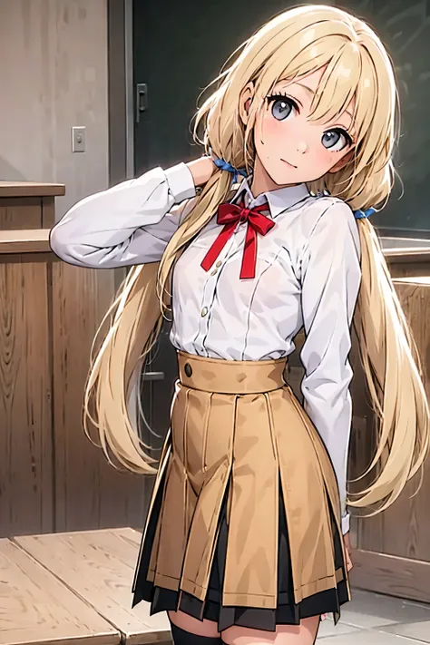 1girl,looking at viewer,school background,,small breasts,blonde,twintails,head tilt,high waist pleated skirt,