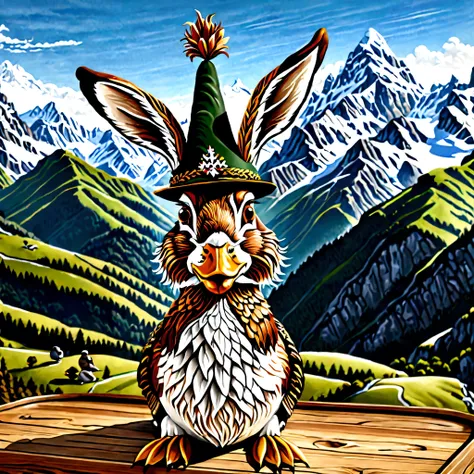 a detailed, hyperrealistic 4K illustration of a Bavarian wilpertinger made from a duck, a hare, and a deer, wearing a Tyrolean hat, with sharp edges, in a mountainous landscape background