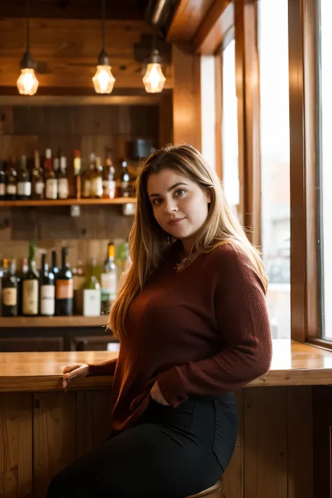 An overweight drunk Russian girl with a beautiful face in autumn clothes stands with her back to the camera leaning sideways against the wall in a bar