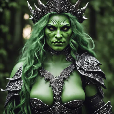 a close up of a woman in a costume with a crown on, female orc, green orc female, orc themed, half orc half elf woman, female orc forest druid, in style of wold of warcraft, from warcraft, warcraft character, hot reptile humanoid woman, green armor, orc, c...