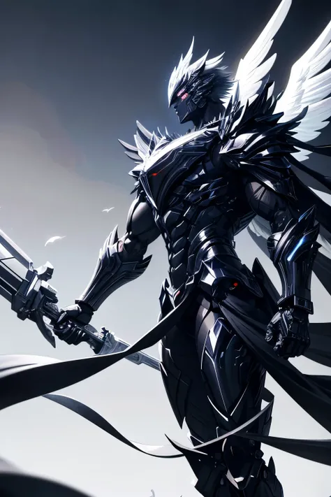 Create a stunning illustration of a muscular dark skinned male angel clad in sleek, black and white robotic armor. The angel should have large, majestic wings with a mix of mechanical and feathered elements, with armored feathers at the back. The armor sho...