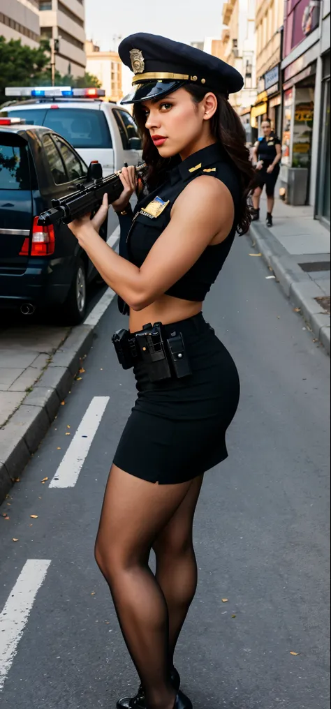 arafed woman in a police uniform black skirt with stockings,holding a gun, female spy, with pistol, security agent, gorgeous fem...