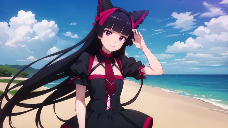 RoryMercury, Rory Mercury, long hair, black hair, (Red eyes:1.3), bang, blunt bang, hime cut, smile,
BREAK thighhighs, a gift, tape, hair tape, garter belts, dress, black dress, puffy sleeves, frill, cut off sleeves, tie, red tie, pomade, purple pomade,
BR...