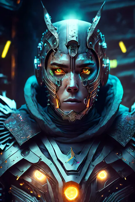 a breathtaking cinematic science fiction photo of a portrait of a grim wrapped in chrome metal skin, body full of glowing metrics inside, glowing multicoloured eyes, multifaceted eyes, metallic arms, inside a destroyed building, an extremely menacing creat...