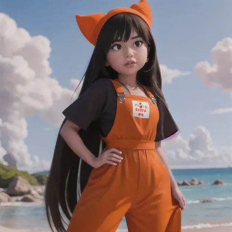 arafed girl standing on a beach with an orange overall, orange jumpsuit, overalls, wearing an orange jumpsuit, official product ...