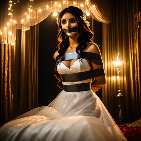 (bright lighting,romantic setting),bride captured, dreamy background,bondage,dark hair, mesmerizing gaze, , soft skin, alluring beauty, artistic portrait, high-quality image, vibrant colors, long silk gown, in the bed,tape bondage,tape gag, mosquito net, b...