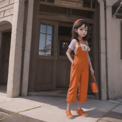 （（（cheongsam）））rafed girl standing on a beach with an orange overall, orange jumpsuit, overalls, wearing an orange jumpsuit, off...