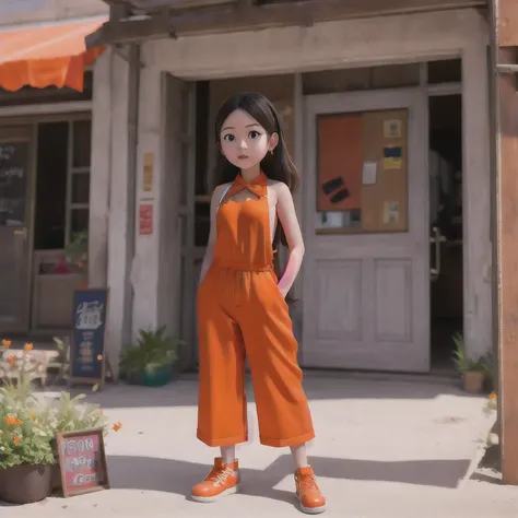 （（（cheongsam）））rafed girl standing on a beach with an orange overall, orange jumpsuit, overalls, wearing an orange jumpsuit, off...