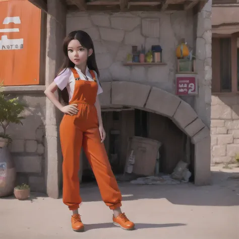 （（（cheongsam）））rafed girl standing on a beach with an orange overall, orange jumpsuit, overalls, wearing an orange jumpsuit, off...