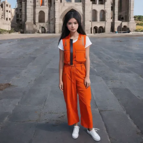 armenian girl standing on a beach with an orange overall, orange jumpsuit, overalls, wearing an orange jumpsuit, official produc...