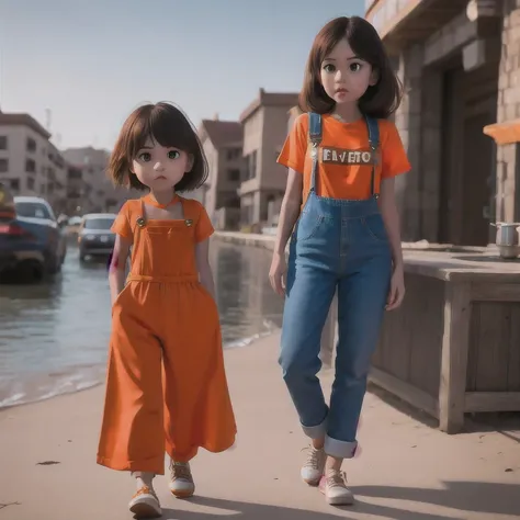 armenian girl standing on a beach with an orange overall, orange jumpsuit, overalls, wearing an orange jumpsuit, official produc...