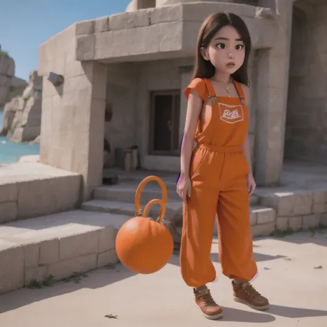 armenian girl standing on a beach with an orange overall, orange jumpsuit, overalls, wearing an orange jumpsuit, official produc...