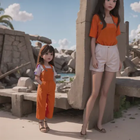 armenian girl standing on a beach with an orange overall, orange jumpsuit, overalls, wearing an orange jumpsuit, official produc...