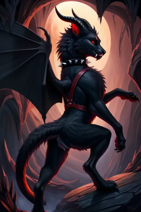 
abyss monster, horror, female, feral, black smooth fur, webbed wings, claws, horns, red eyes, feline body, fangs, feline vagina, anus, detailed genitalia, on all 4 paws, leather harness, full body, spiked collar, Detailed body fur,  a three-quarter view, ...