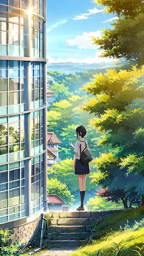 masterpiece,best quality,miyamizu mitsuha, 1girl, 1boy, sky, , outdoors, ribbon, cloud, skirt, diffraction spikes, hair ribbon, grass, black hair, road, bag, socks, short hair, short sleeves, shirt, red ribbon, white shirt, star (sky), necktie, tree, scene...