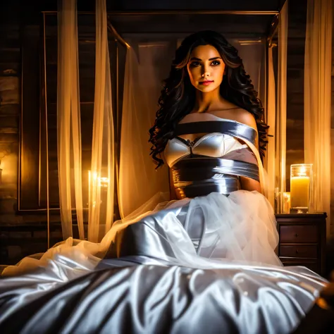 (bright lighting,romantic setting),bride captured, dreamy background,bondage,dark hair, mesmerizing gaze, , soft skin, alluring ...