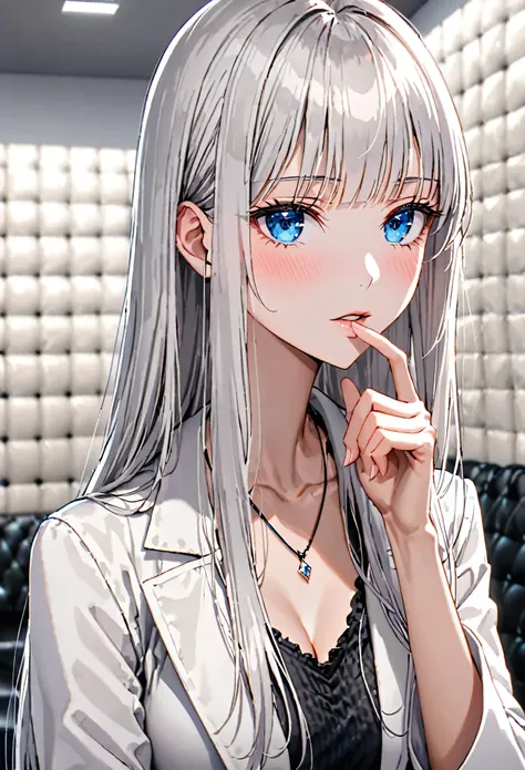 female, silver hair, long hair, straight bangs, large breasts, white lab coat, blue eyes, off-white padded room, large room, blo...