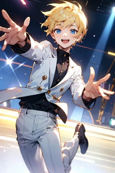 Young boy, Male, short hair, Blonde hair, Blue eyes, wearing White Suit, Smilling, jumping, open arms, idol, camera flashes, High quality, perfect face