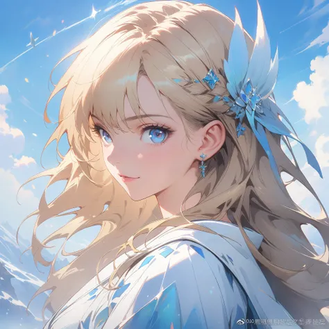  アニメ，long blonde hair，clear blue eyes, white gown, Guweiz, Detailed digital animation artwork, Rostland 8K, Ross trance style, estilo アニメ 4K, Guweiz on ArtStation Pixiv, guweiz on pixiv artstation, High-quality, detailed artwork in 8K, belo アニメ de fantasia...