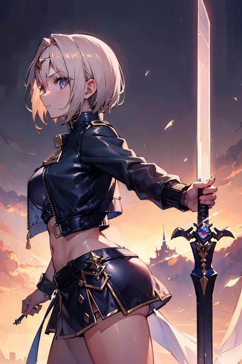 ,A beautiful cute young woman, in a cropped jacket, holding an ultra long divine sword, looking directly at the viewer, detailed face and eyes, highly detailed divine sword, (best quality,4k,8k,highres,masterpiece:1.2),ultra-detailed, detailed diaphragm,op...