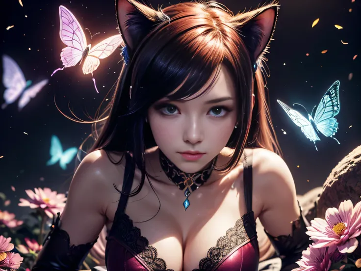 (Best Quality, 8K, Masterpiece, HDR, Soft Lighting, Picture Perfect, Realistic, Vivid), Cat Girl (1.0), Cat Girl with Red Hair and brown eyes and Sexy Revealing Clothes, Pink Bodysuit with Glitter Texture, Beautiful Anime Fantasy, Very beautiful and cute c...