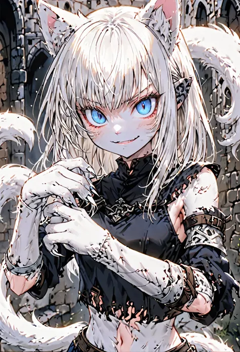 female, short white hair, straight hair, blue eyes, short, white furry forearms, furry claws, white cat ears, white cat tail, slit pupils, small breasts, short, warrior stance, skimpy clothes, medieval, athletic, bare midriff, eager smile, close up, tatter...