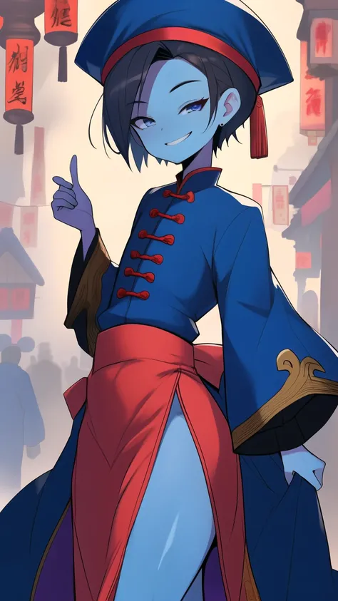 Best quality, Super detailed illustration, Warm colors, perfect lighting, (boy:1.6), (the blue skin:1,6) , short tousled thick hair ,Jiangshi clothing, long sleeves, long skirt with leg cutout on the sides, open legs, Tight-fitting clothing, Guanli hat ,sm...