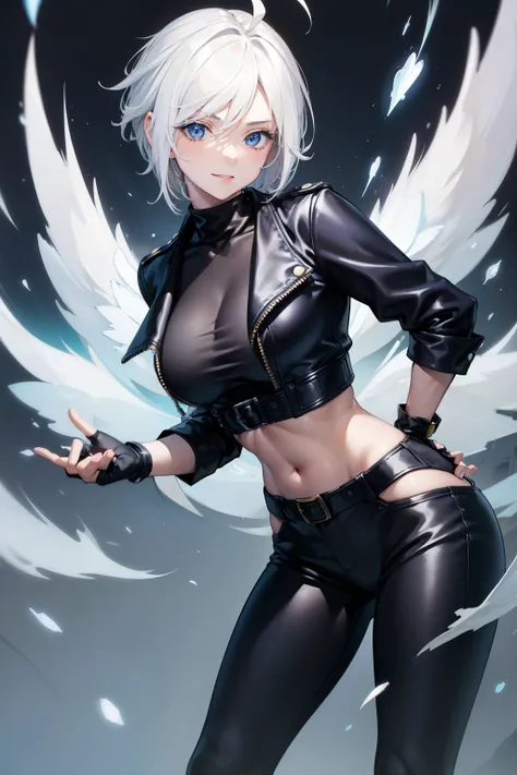 (masterpiece), cute, best quality, expressive eyes, perfect face, highres, 1girl, solo, angelms, white hair, jacket, ahoge, fingerless gloves, midriff, hands to hips, leaning forward, smiling, fanstasy background, particles, magic, standing,cowboy shot, lo...